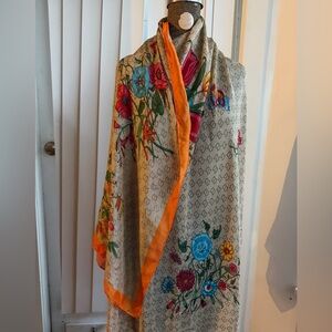 Floral Genuine Extra Large Silk Scarf with Orange Trim